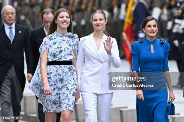 Princess Sofia of Spain, Crown Princess Leonor of Spain and Queen Letizia of Spain arrive for the ceremony of Crown Princess Leonor swearing...