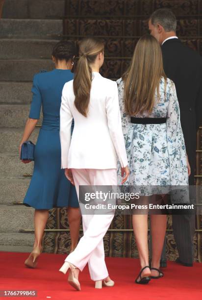 Princess Leonor, Queen Letizia, Infanta Sofia and King Felipe during the act of swearing in of the Constitution before the Cortes Generales, in the...