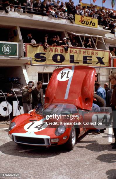 The Maranello Concessionaires Ferrari 330P of Graham Hill and Jo Bonnier in the pits before the start of the World Sportscar Championship 24 Hours of...