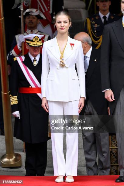 Crown Princess Leonor of Spain watches a military parade afer the ceremony of Crown Princess Leonor swearing allegiance to the Spanish constitution...