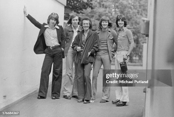 English pop group The Hollies, 1st September 1973. Left to right: guitarist Tony Hicks, bassist Bernie Calvert, singer Allan Clarke, drummer Bobby...