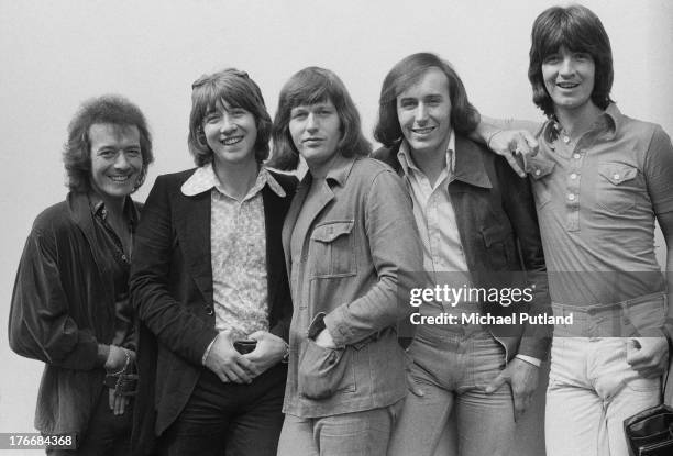 English pop group The Hollies, 1st September 1973. Left to right: singer Allan Clarke, guitarist Tony Hicks, drummer Bobby Elliott, bassist Bernie...