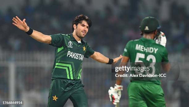 Mohammad Wasim of Pakistan celebrates the wicket of Mehidy Hasan of Bangladesh during the ICC Men's Cricket World Cup India 2023 between Pakistan and...