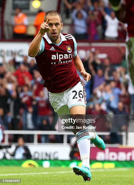 Joe Cole of West Ham United celebrates his goal during the Barclays Premier League match between West Ham United and Cardiff City at the Bolyen...