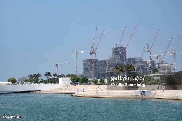 The construction site for the Guggenheim Abu Dhabi museum from the Louvre Abu Dhabi art museum in the Saadiyat Cultural District of Abu Dhabi, Abu...