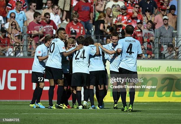 Niki Zimling of Mainz celebrates after scoring the opening goal during the Bundesliga match between SC Freiburg and FSV Mainz 05 at MAGE SOLAR...