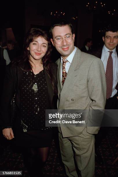 British-Australian comedian Ben Elton and English singer-songwriter Kate Bush at the Theatre Royal for the play 'Silly Cow', London, circa 1991.