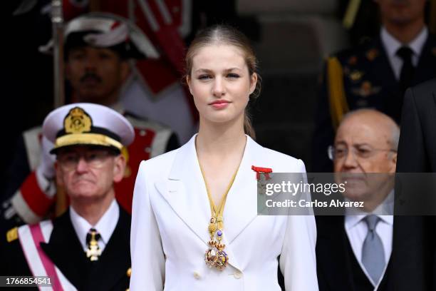 Crown Princess Leonor of Spain watches a military parade afer the ceremony of Crown Princess Leonor swearing allegiance to the Spanish constitution...