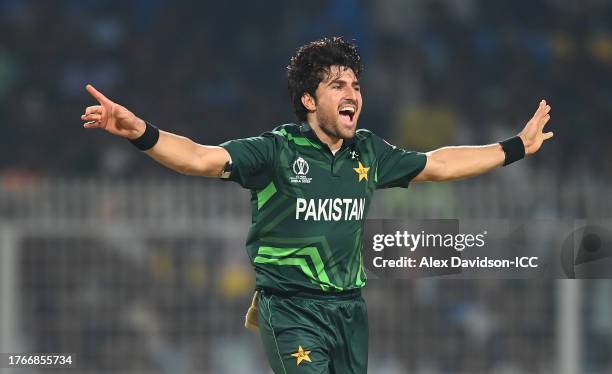 Mohammad Wasim of Pakistan celebrates the wicket of Mustafizur Rahman of Bangladesh during the ICC Men's Cricket World Cup India 2023 between...