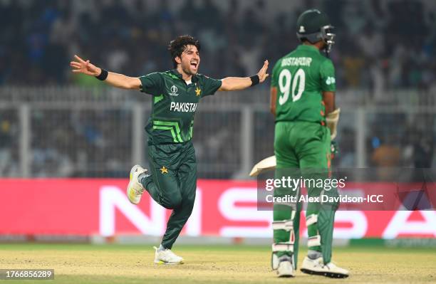 Mohammad Wasim of Pakistan celebrates the wicket of Mustafizur Rahman of Bangladesh during the ICC Men's Cricket World Cup India 2023 between...