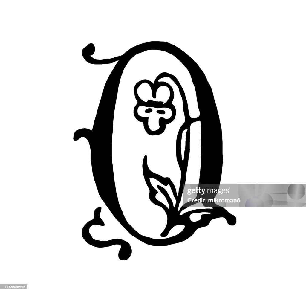 Old engraved illustration of Letter O, decorative ornament
