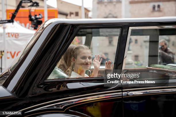 Princess Leonor waves from the car after her Oath of the Constitution, in the Plaza de la Villa, on 31 October, 2023 in Madrid, Spain. Princess...