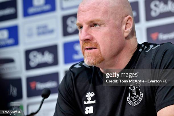 Sean Dyche speaks to the media during the Everton Press Conference at Finch Farm on October 27, 2023 in Halewood, England.