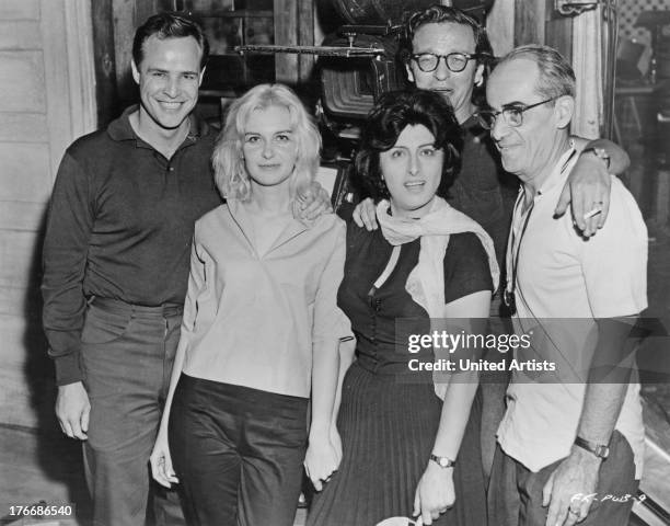 Cast and crew on the set of 'The Fugitive Kind', New York, USA, 1959. Left to right: Marlon Brando , Joanne Woodward, Anna Magnani , director Sidney...
