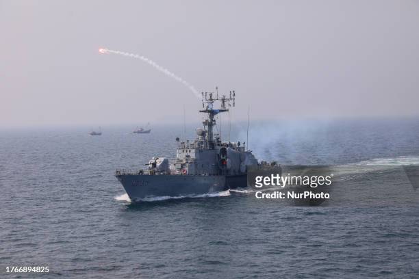 Killer squadron warship INS Vipul demonstrates use of surface to surface missile during a media day at sea event in Mumbai, India, 03 November, 2023.