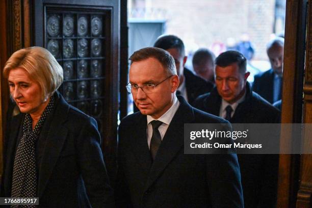 The president of Poland, Andrzej Duda and Polish First Lady, Agata Duda attend a mass during the state funeral for the late Polish Holocaust...