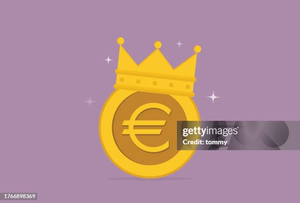 ilustraciones, imágenes clip art, dibujos animados e iconos de stock de la moneda de euro lleva una corona como símbolo de poder financiero y prosperidad - libertad financiera