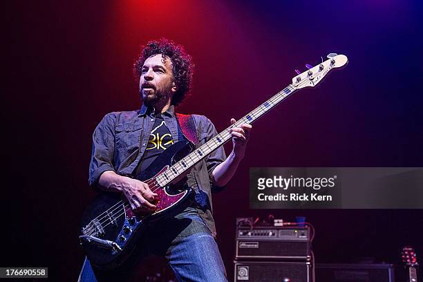 Bassist Lonnie Trevino Jr. Of Fastball performs in concert as part of Under The Sun 2013 Tour at ACL Live on August 16, 2013 in Austin, Texas.