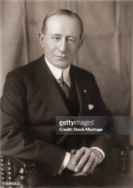 Photograph of Guglielmo Marconi , Italian physicist and inventor, who carried out his first successful experiments with wireless telegraphy , and...