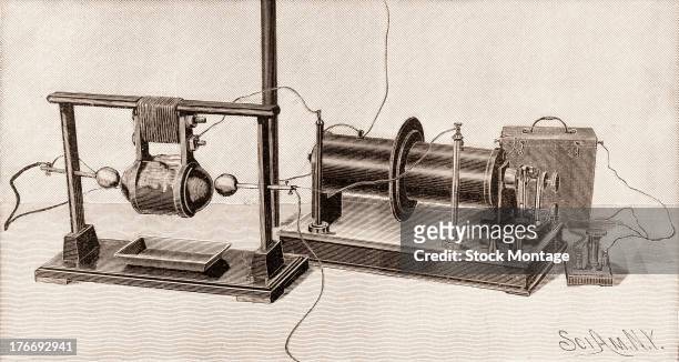 Illustration of an early wireless transmitter with telegraph key , designed by Italian physicist Guglielmo Marconi , to send Morse code signals, mid...