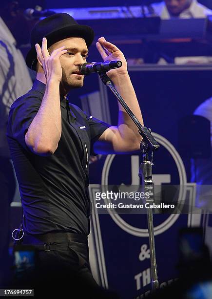 Justin Timberlake performs during MasterCard and Justin Timberlake Intimate Priceless Miami Performance at Fillmore Miami Beach on August 16, 2013 in...