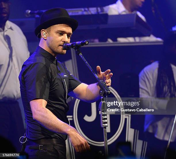 Justin Timberlake performs during MasterCard and Justin Timberlake Intimate Priceless Miami Performance at Fillmore Miami Beach on August 16, 2013 in...