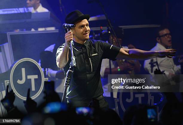 Justin Timberlake performs during MasterCard and Justin Timberlake Intimate Priceless Miami Performance at Fillmore Miami Beach on August 16, 2013 in...