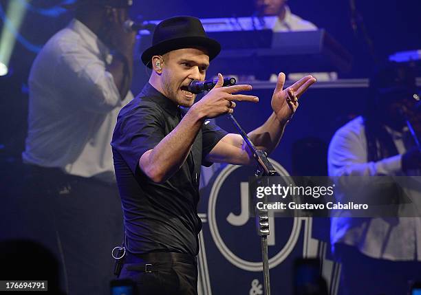 Justin Timberlake performs during MasterCard and Justin Timberlake Intimate Priceless Miami Performance at Fillmore Miami Beach on August 16, 2013 in...