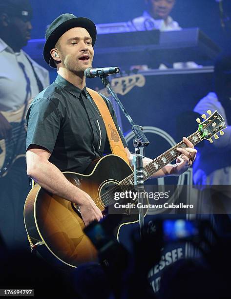 Justin Timberlake performs during MasterCard and Justin Timberlake Intimate Priceless Miami Performance at Fillmore Miami Beach on August 16, 2013 in...