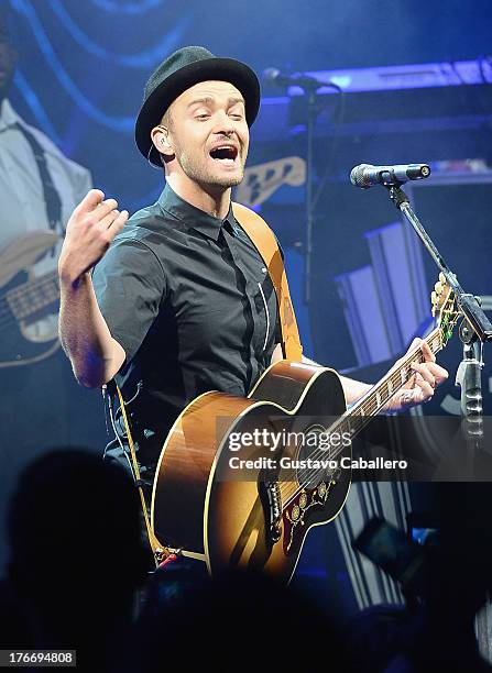 Justin Timberlake performs during MasterCard and Justin Timberlake Intimate Priceless Miami Performance at Fillmore Miami Beach on August 16, 2013 in...