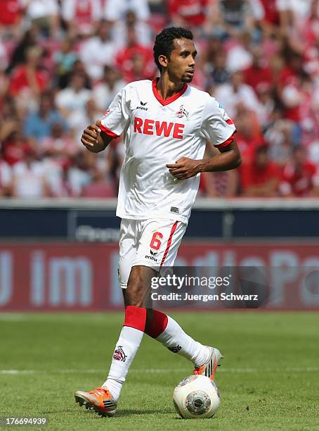 Bruno Nascimento of Cologne controls the ball during the Second Bundesliga match between 1. FC Koeln and SV Sandhausen on August 17, 2013 in Cologne,...