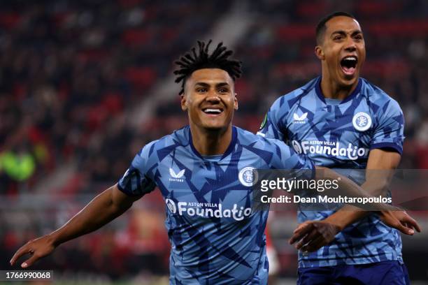 Ollie Watkins of Aston Villa celebrates after scoring the team's third goal with teammate Youri Tielemans during the UEFA Europa Conference League...