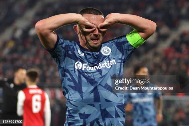 John McGinn of Aston Villa celebrates after scoring the team's fourth goal during the UEFA Europa Conference League 2023/24 match between AZ Alkmaar...