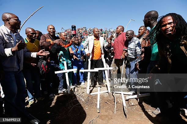 Association of Mineworkers and Construction Union leader Joseph Mathunjwa joins miners and supporters of the Marikana mining community at a memorial...