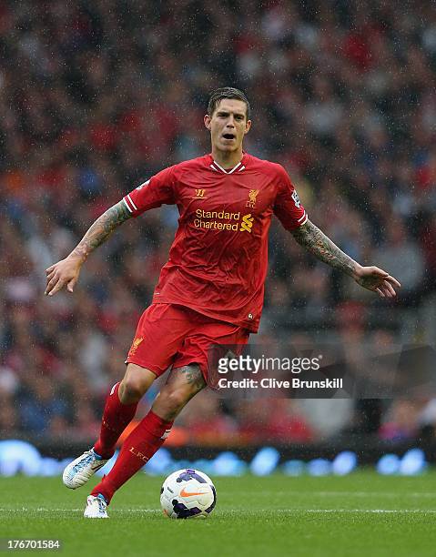 Daniel Agger of Liverpool in action during the Barclays Premier League match between Liverpool and Stoke City at Anfield on August 17, 2013 in...