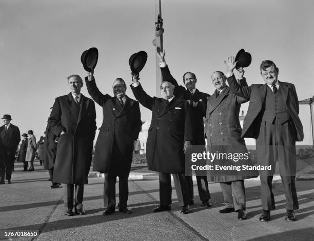 Cabinet members bid farewell to Prime Minister Harold Macmillan as he leaves London Airport on a Commonwealth tour, January 7th 1958. Left to right:...