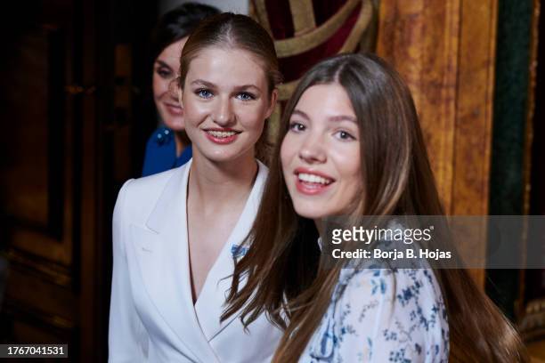 Crown Princess Leonor of Spain and Princess Sofia of Spain during the reception on the occasion of Princess Leonor receiving the Collar of the Order...