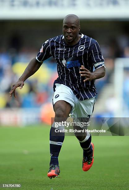 Danny Shittu of Millwall in action during the Sky Bet Championship match between Millwall and Huddersfield Town at The Den on August 17, 2013 in...