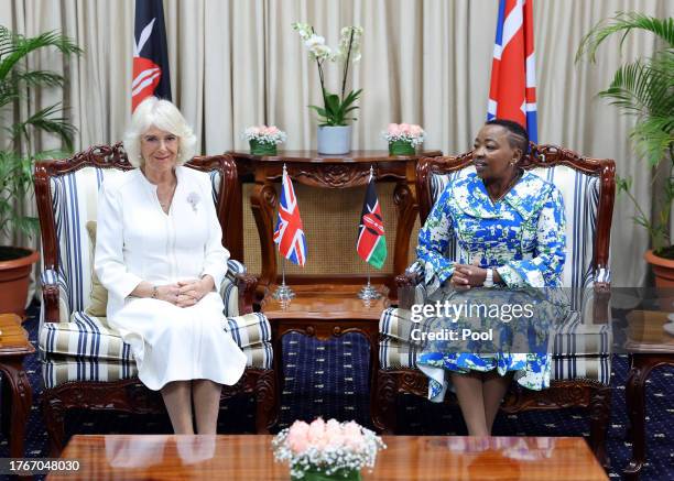 Queen Camilla and Rachel Ruto, first lady of the Republic of Kenya during bilateral meeting at State House on October 31, 2023 in Nairobi, Kenya....