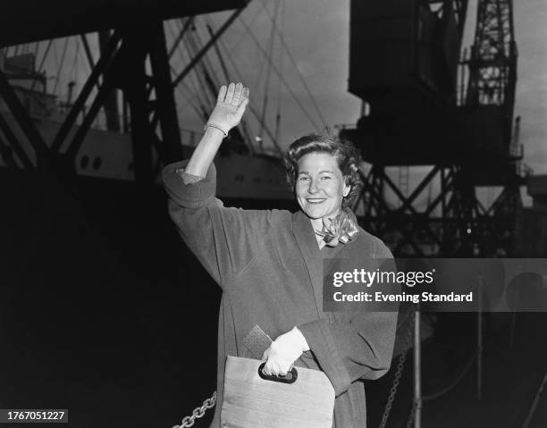 American tennis player Louise Brough waving on arrival at Southampton from New York, February 25th 1958.