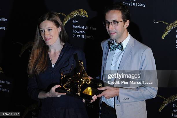 Stephanie Spray and Pacho Velez pose with the Best First Feature award during the 66th Locarno Film Festival on August 17, 2013 in Locarno,...