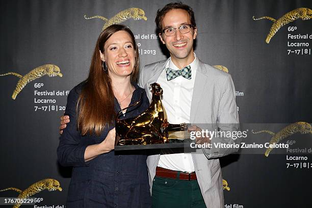 Stephanie Spray and Pacho Velez pose with the Best First Feature award during the 66th Locarno Film Festival on August 17, 2013 in Locarno,...