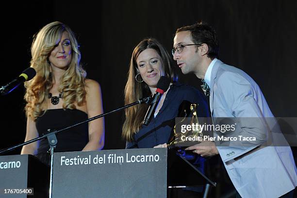 Stephanie Spray and Pacho Velez pose with the Best First Feature award during the 66th Locarno Film Festival on August 17, 2013 in Locarno,...