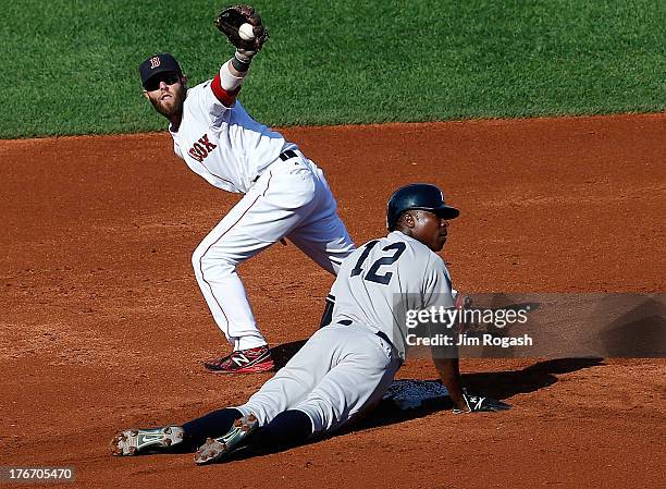 Alfonso Soriano of the New York Yankees is doubled off at second base as Dustin Pedroia of the Boston Red Sox holds on to the ball during the 1st...