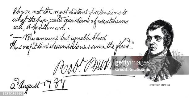 robert burns scottish poet portrait with handwritten text and signature from 1787 - writer celebrity stock illustrations