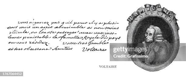 illustrations, cliparts, dessins animés et icônes de portrait de philosophe français de voltaire avec texte manuscrit et signature - spiritual enlightenment