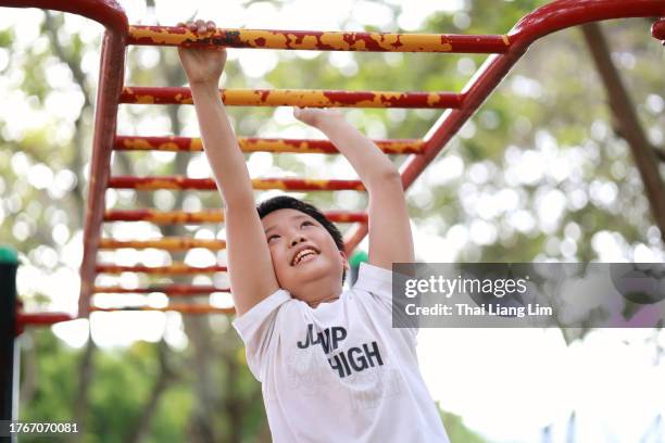 portrait of an energetic asian boy navigating the monkey bars at a playground - boy on monkey bars stock pictures, royalty-free photos & images