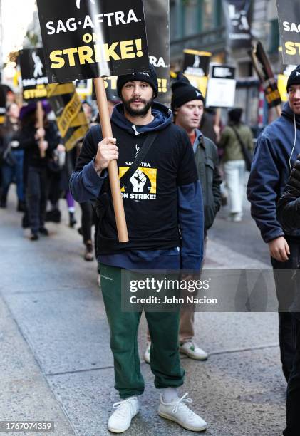 Dylan O'Brien joins SAG-AFTRA members on strike during Halloween on October 31, 2023 in New York City. The strike, which began on July 14, entered...