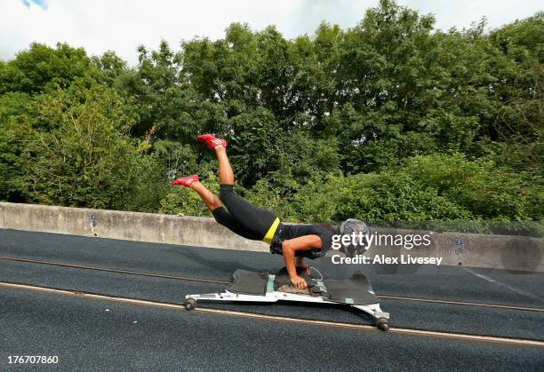 Shelley Rudman of the GB Winter Olympic Skeleton Team practices during the Team GB Winter Olympic Media Summit at Bath University during the Team GB...