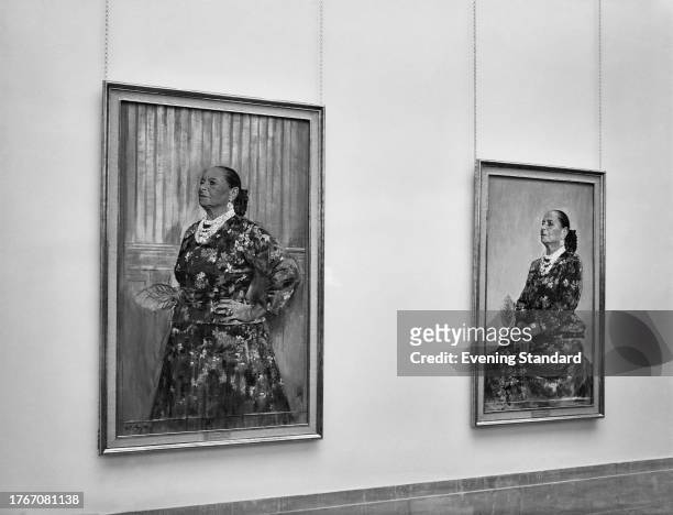 Two portraits of Polish-American businesswoman Helena Rubinstein by British artist Graham Sutherland on display at the Tate Gallery in London,...